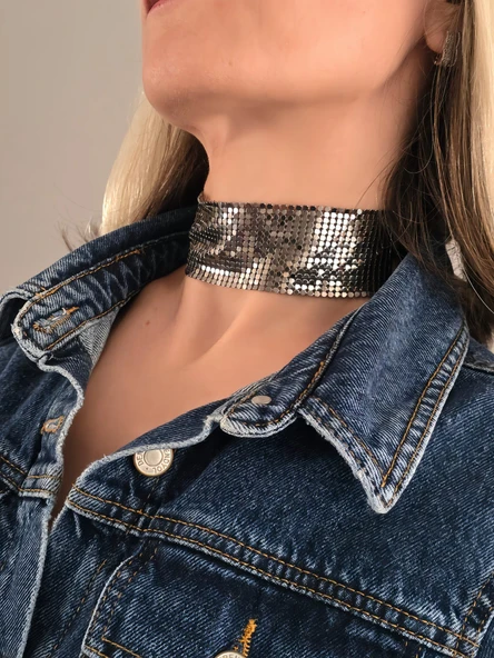Arpa Pul Payet Zırh Metal Geniş Model Antrasit  Choker Kolye - 1