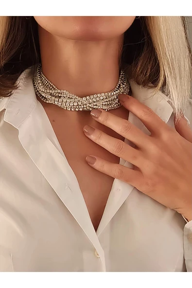 Gümüş Kaplama Taşlı Çoklu Görünümlü Choker Tasma Kolye - 1