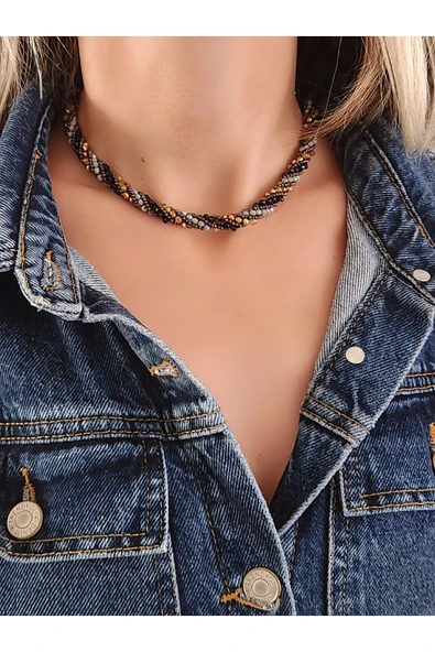 Etnik Bohem Sarmal Dönmeli Model Kristal Siyah Gold Renkli Taşlı Kristal Boncuk Kolye - 2