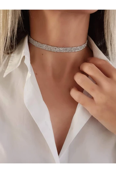 Kordon Zincir Örme El Yapımı Chooker Tasma Silver Renk Kolye ürün görseli