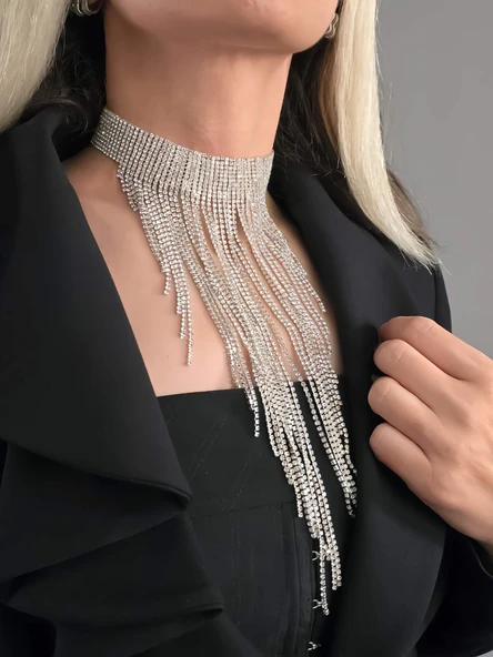 Kristal Taşlı Saçaklı Püskül Model Silver Renk Abiye Choker Tasma Kolye - Resim 2