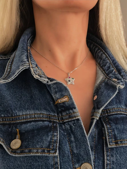 Yıldız Model Renkli Zirkon Taşlı Silver Renk Kolye - Resim 2