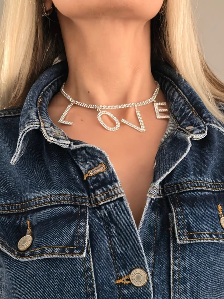 Love Aşk Kristal Taşlı Party Style Gümüş Renk Kolye - 3