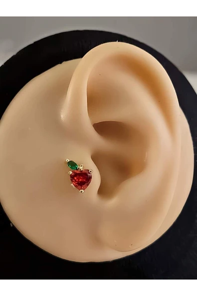Kırmızı Elma Model Kıkırdak Piercing Tragus Helix  Altın Kaplama Gold Renk Küpe - 2