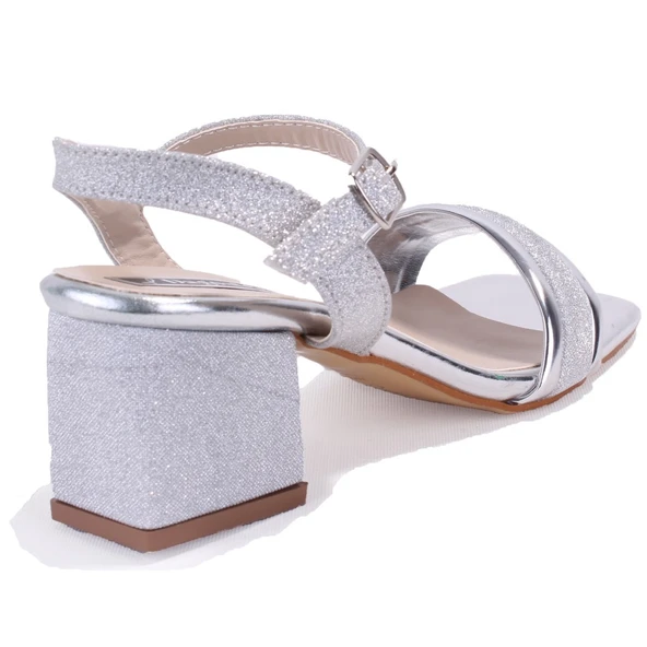 Dagoster DZA07-12531223 Gümüş Simli Kalın Topuklu Abiye Kadın Ayakkabı - 4