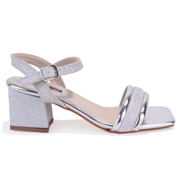 Dagoster DZA07-12531223 Gümüş Simli Kalın Topuklu Abiye Kadın Ayakkabı - 2