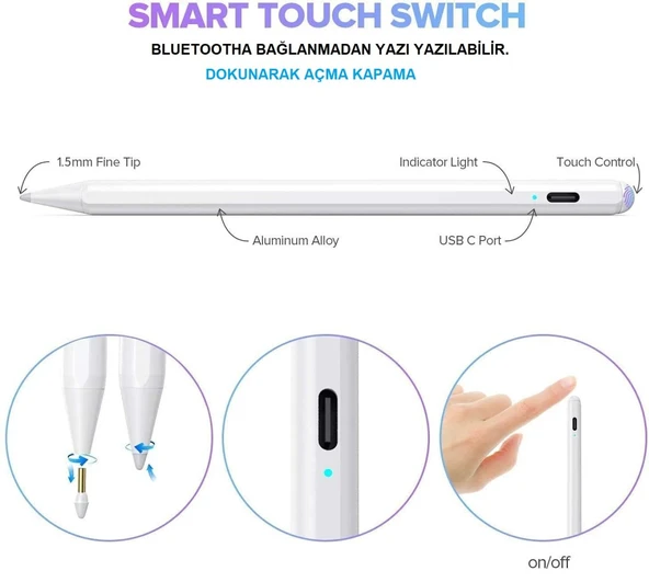 Mıknatıslı Stylus Kapasitif Dokunmatik Kalem Tüm Cihazlar Telefon ile Uyumlu Çizim Tasarım Tablet Kalemi - 5