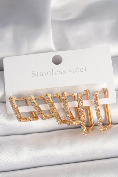 Pirinç Gold Renk Zirkon Taşlı 3 Çift Kare Model Kadın Küpe - TJ-BKP10328