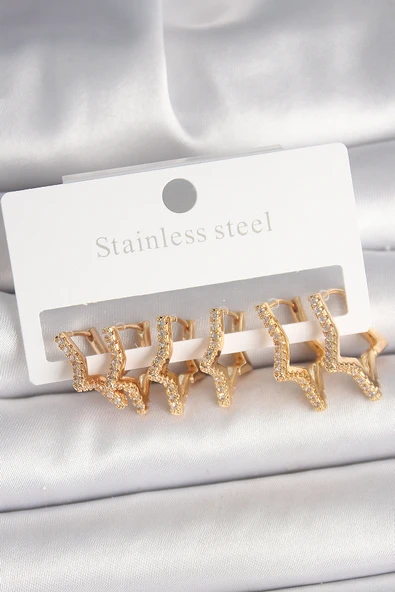 Pirinç Gold Renk Zirkon Taşlı 3 Çift Yıldız Model Kadın Küpe - TJ-BKP10332