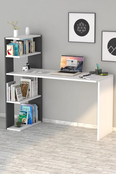 Çınar Kitaplıklı Çalışma Masası Beyaz  Antrasit - 3