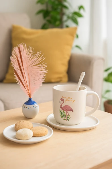 Flamingo Motifli Porselen Tabaklı Kupa Bardağı
