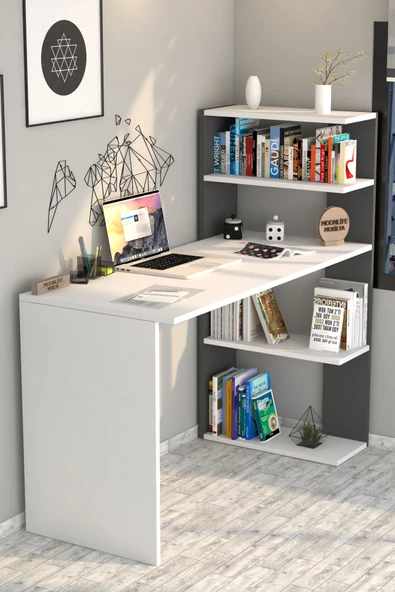 Çınar Kitaplıklı Çalışma Masası Beyaz  Antrasit - 2