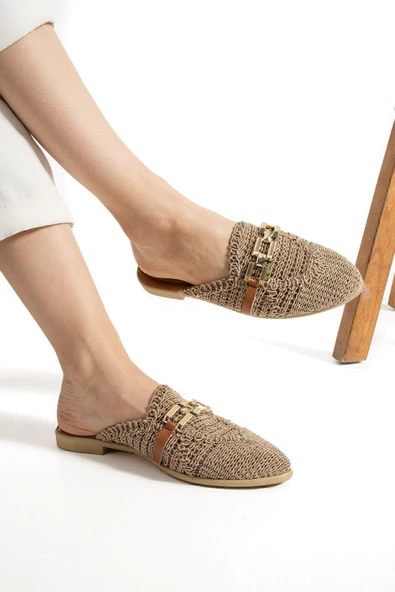 Albishoes Kadın Zincirli Terlik Önü Kapalı Hasır Dantel Örme Günlük Sandalet Terlik Yazlık Terlik - 3