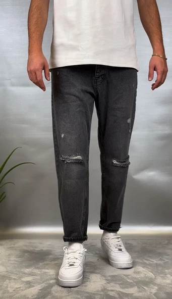 Antrasit Diz Yırtık Boyfriend Jean