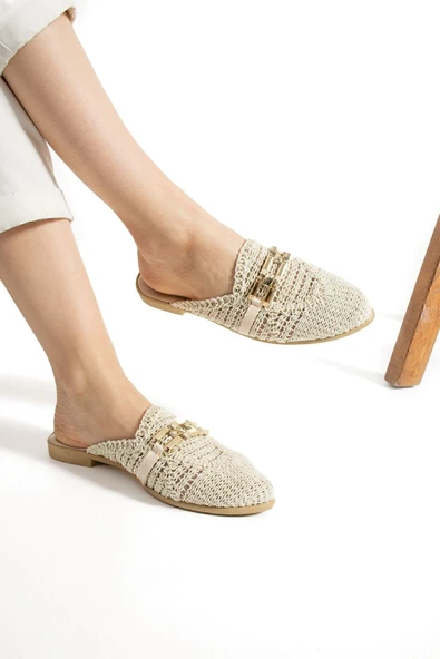 Albishoes Kadın Zincirli Terlik Önü Kapalı Hasır Dantel Örme Günlük Sandalet Terlik Yazlık Terlik - 3