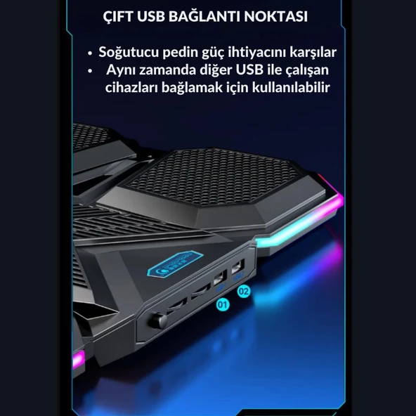 Polham 6 Fanlı RGB Işıklı Laptop Soğutucu Stand, 7 Kademeli Yükseklik Ayarlı 2400RPM Süper Soğutucu Stand - 6