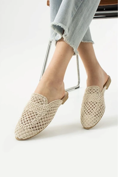 Albishoes Kadın Yazlık Hafif Rahat Terlik Önü Kapalı Hasır Dantel Örme Terlik Günlük Terlik - 2