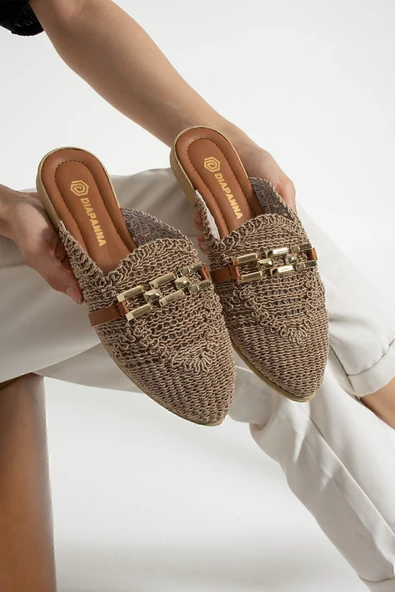 Albishoes Kadın Zincirli Terlik Önü Kapalı Hasır Dantel Örme Günlük Sandalet Terlik Yazlık Terlik