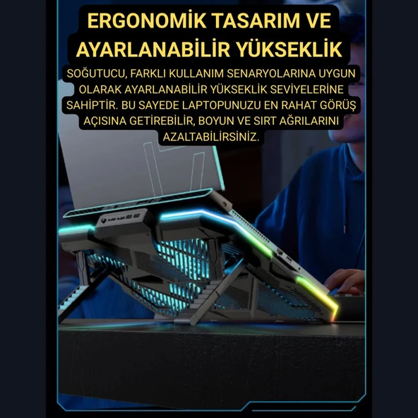 Polham 6 Fanlı RGB Işıklı Laptop Soğutucu Stand, 7 Kademeli Yükseklik Ayarlı 2400RPM Süper Soğutucu Stand - 3