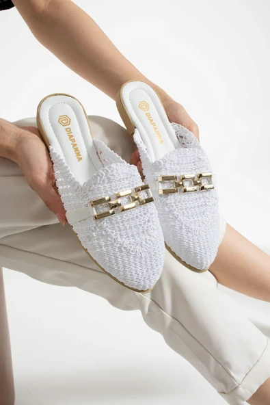Albishoes Kadın Zincirli Terlik Önü Kapalı Hasır Dantel Örme Günlük Sandalet Terlik Yazlık Terlik