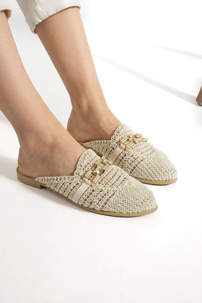Albishoes Kadın Zincirli Terlik Önü Kapalı Hasır Dantel Örme Günlük Sandalet Terlik Yazlık Terlik - 4