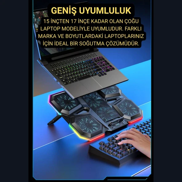 Polham 6 Fanlı RGB Işıklı Laptop Soğutucu Stand, 7 Kademeli Yükseklik Ayarlı 2400RPM Süper Soğutucu Stand - 4