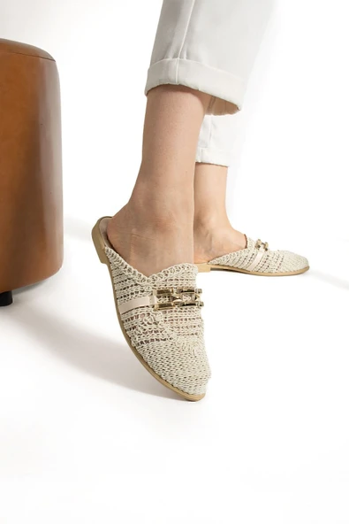 Albishoes Kadın Zincirli Terlik Önü Kapalı Hasır Dantel Örme Günlük Sandalet Terlik Yazlık Terlik - 2