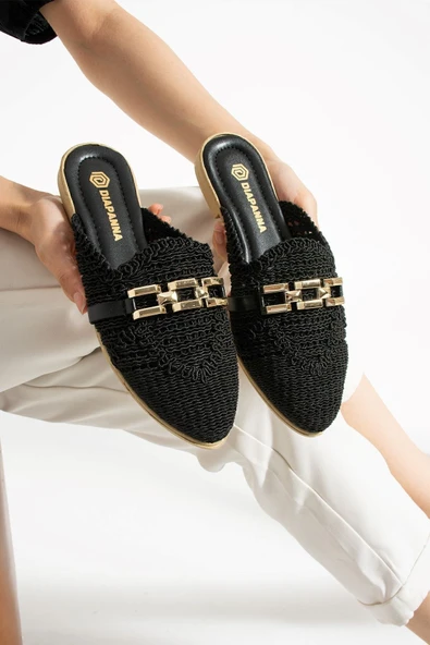 Albishoes Kadın Zincirli Terlik Önü Kapalı Hasır Dantel Örme Günlük Sandalet Terlik Yazlık Terlik