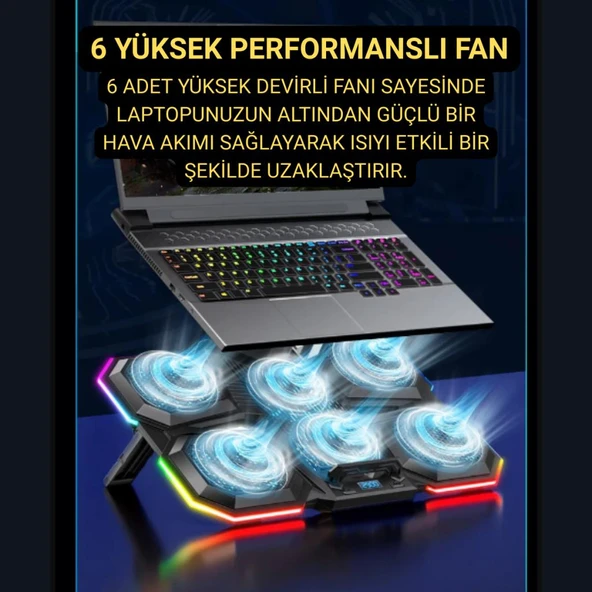 Polham 6 Fanlı RGB Işıklı Laptop Soğutucu Stand, 7 Kademeli Yükseklik Ayarlı 2400RPM Süper Soğutucu Stand - 2