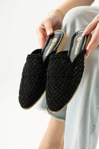 Albishoes Kadın Yazlık Hafif Rahat Terlik Önü Kapalı Hasır Dantel Örme Terlik Günlük Terlik