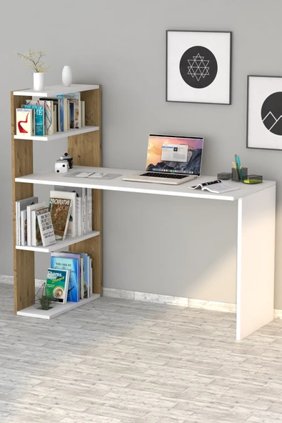Çınar Kitaplıklı Çalışma Masası Beyaz Çam - 3