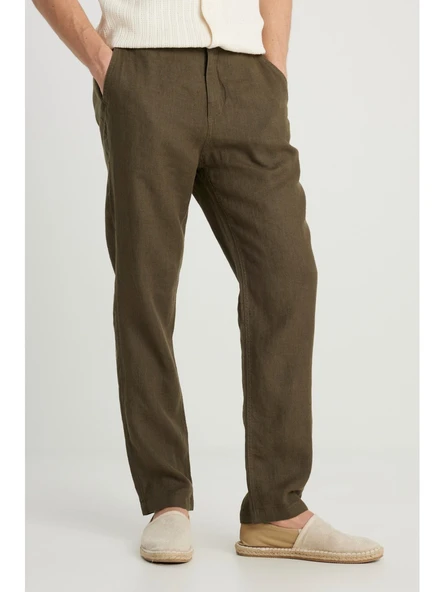 Wrangler %100 Keten Regular Fit Normal Kesim Normal Bel Düz Paça Haki Pantolon - 3