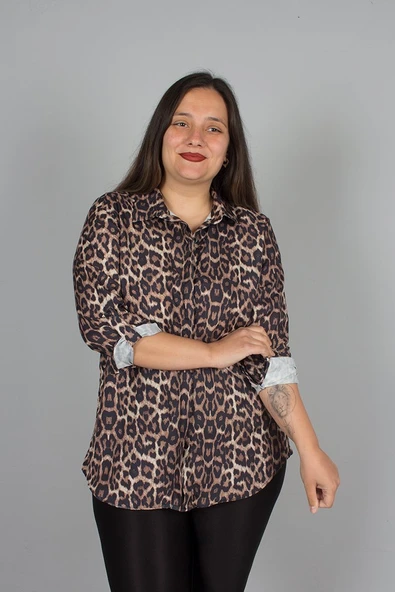 Büyük Beden Kadın Giyim Leopar Desenli Jesika Kumaş Gömlek - 5