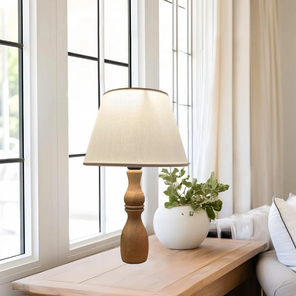 Glad Masif Ahşap Ayaklı Zarif Abajur Konik Krem Başlıklı Masa Lambası Komodin Abajur ürün görseli