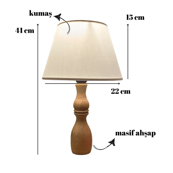 Glad Masif Ahşap Ayaklı Zarif Abajur Konik Krem Başlıklı Masa Lambası Komodin Abajur - Resim 2