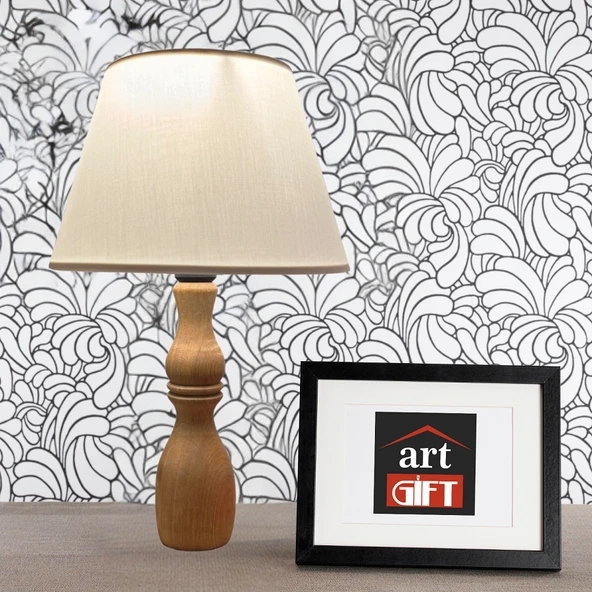 Glad Masif Ahşap Ayaklı Zarif Abajur Konik Krem Başlıklı Masa Lambası Komodin Abajur - Resim 5