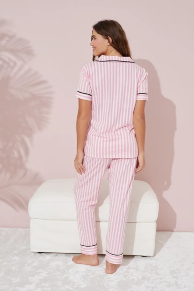 Lila Pembe Beyaz Çizgili Düğmeli Biyeli Örme Pijama Takım - Resim 3