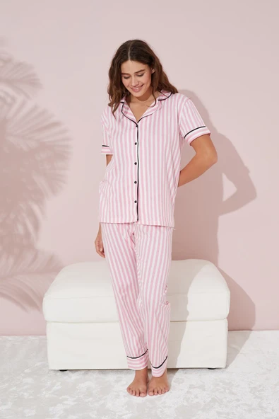 Lila Pembe Beyaz Çizgili Düğmeli Biyeli Örme Pijama Takım - Resim 2