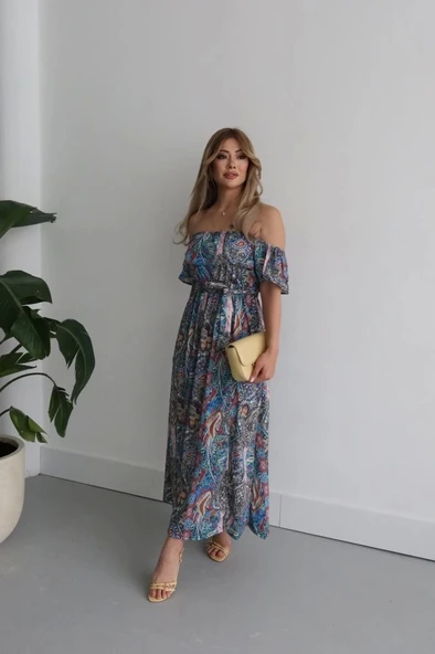 Kadın Kısa Kollu Madonna Yaka Fırfırlı Belden Yırtmaçlı Maksi Süprem Elbise