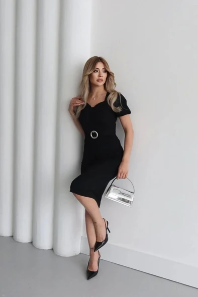Kadın Kısa Kollu Yakası Açık önden Halka Detaylı Ithal Krep Elbise - 8