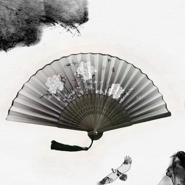 Beluga Yelpaze Bambu Serinletici Vintage Siyah Kelebekli Çiçekli Şık Püsküllü Japon Yelpaze 0334