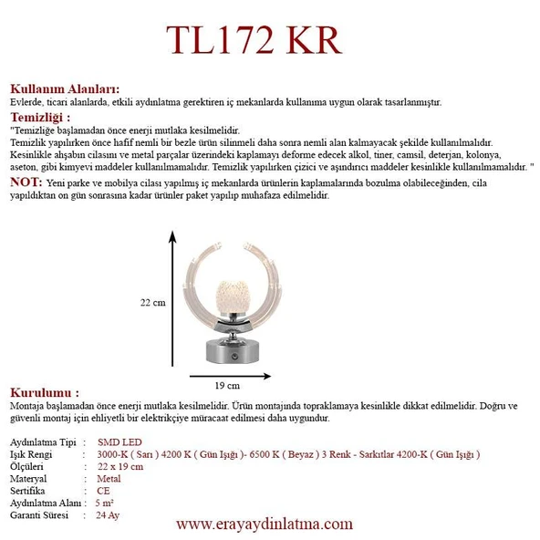 Eray Aydınlatma TL172 Krom Dokunmatik Led Masa Lambası - Resim 3