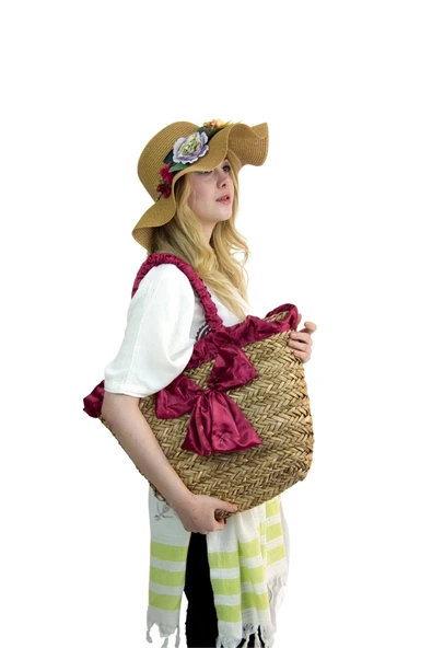 Kadın Plaj Çantası ve şapka takım hasır - BAY ŞAPKACI - Resim 7