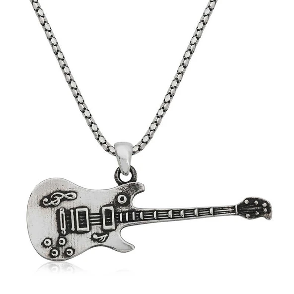 Özel Kutu ve Gümüş Bezi İle ​Gümüş Elektro Gitar Erkek Kolye