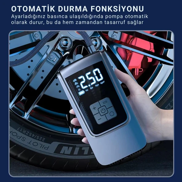 Polham 6000mAh Şarjlı 150PSİ Ultra Hızlı Lastik Şişirme Hava Kompresörü,Araç, Motosiklet, Bisiklet Pompası - 3