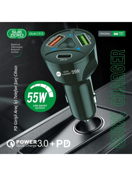Zipax Xiaomi Mi 8 9 9T SE Lite  Araç Şarj Aleti Başlığı 55W Pd+2xUSB CR10 - 2