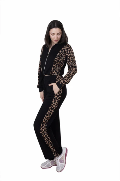 Looksense Kadın Leopar Garnili Siyah Takım 03000 - Resim 2