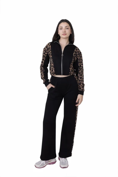 Looksense Kadın Leopar Garnili Siyah Takım 03000