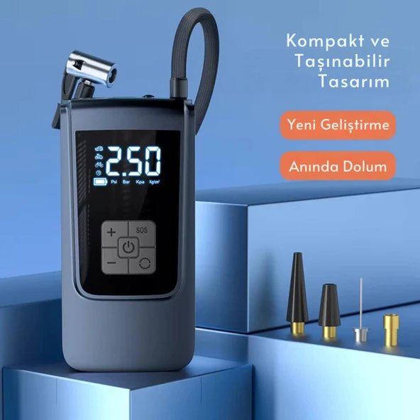 Polham 6000mAh Şarjlı 150PSİ Ultra Hızlı Lastik Şişirme Hava Kompresörü,Araç, Motosiklet, Bisiklet Pompası - 6