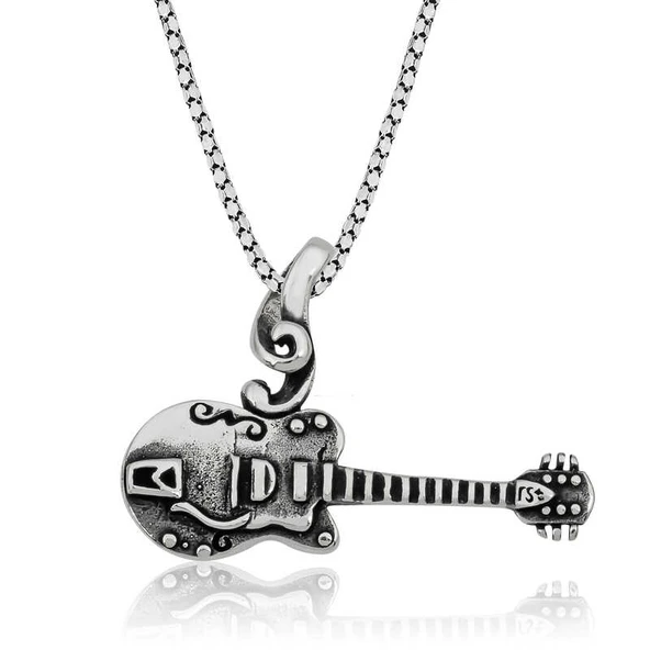 Özel Kutu ve Gümüş Bezi İle ​Gümüş Gitar Kolye